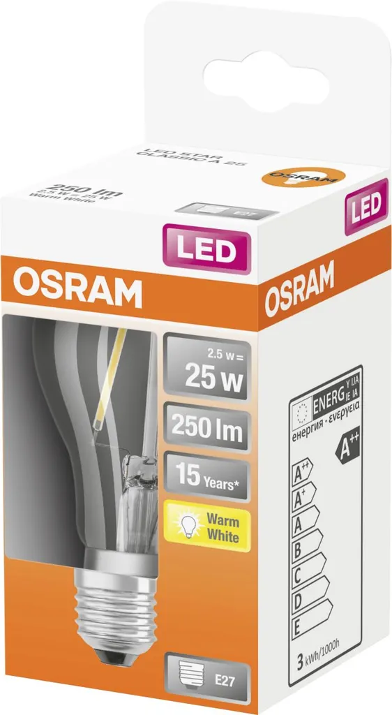 Osram LED Filament Leuchtmittel Birnenform 2,5W = 25W E27 Klar 250lm FS Warmweiß 2700K – Bild 3