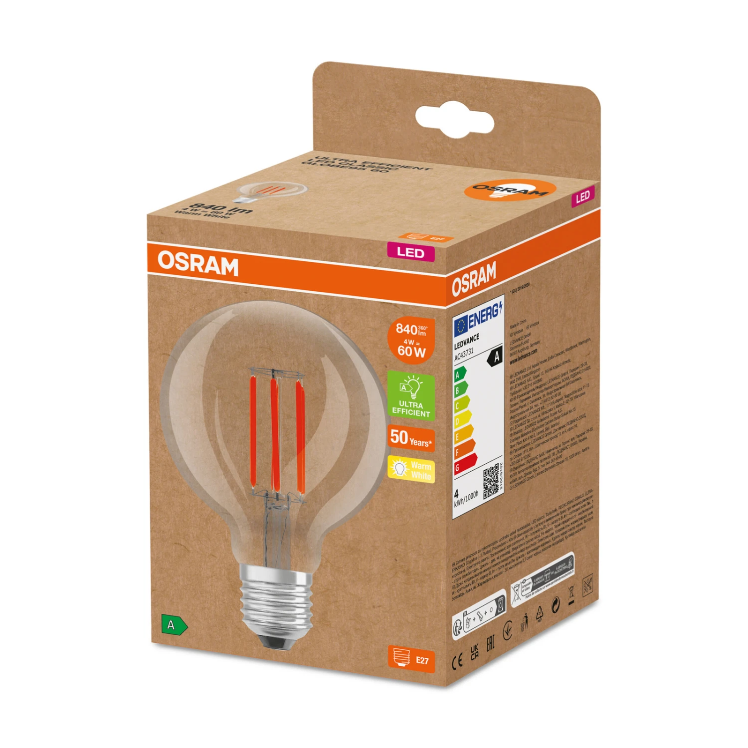 OSRAM LED-Globelampe E27 G95 4W 840lm 3000K Klar – Bild 2