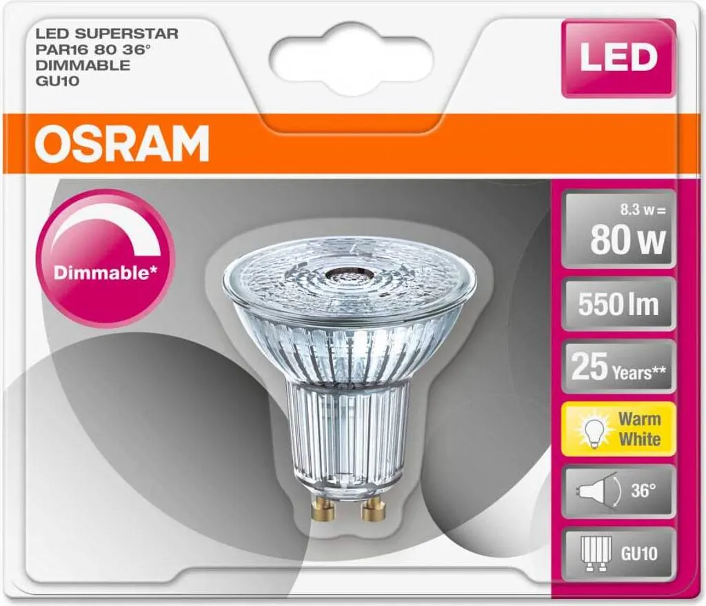 Osram LED Reflektor Super Star PAR16 80 GU10 8,3W WarmweiĆ, Dimmbar, Klar ā Bild 9
