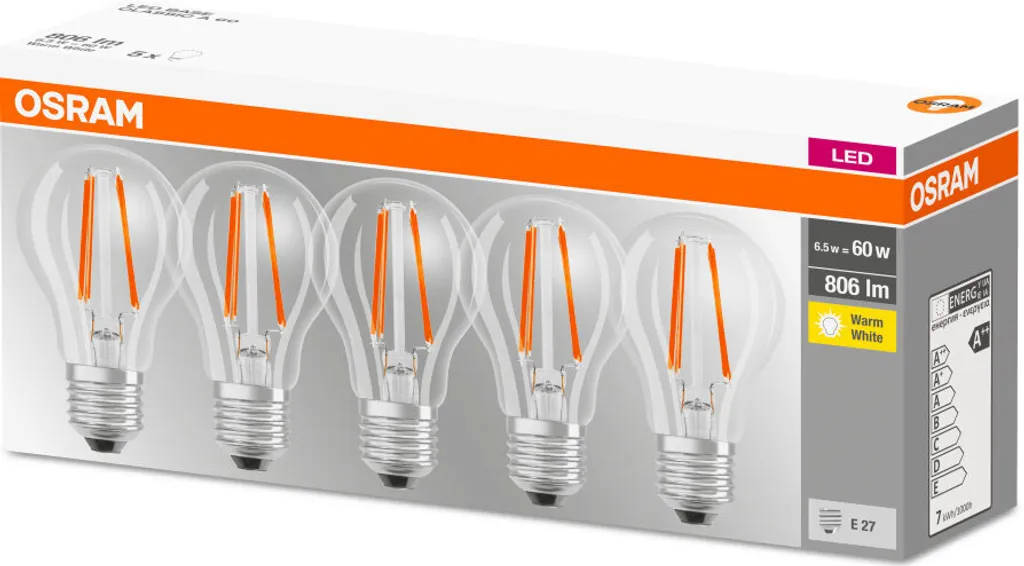 Osram LED-Lampe BASE CLASSIC A, E27, EEK: E, 7 W, 806 Lm, 2700 K, 5 Stk. – Bild 9