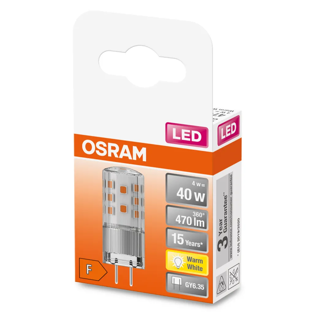 Osram LED Leuchtmittel Stiftsockellampe 4W = 40W GY6,35 Klar 12V 470lm Warmweiß 2700K 320°
