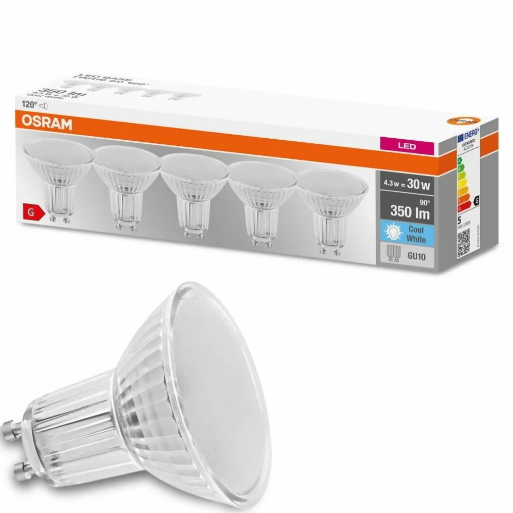 OSRAM LED BASE PAR16 50, Reflektor LED-Lampen Aus Glas Für GU10 Sockel, Kaltweiß (4000K), Ersatz Für Herkömmliche 50W-Spotlampen, 5er-Box – Bild 4