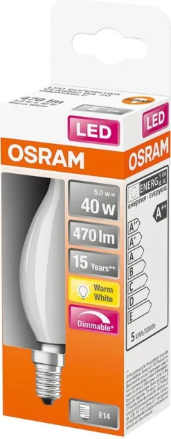 Osram LED Filament Leuchtmittel Windstoß Kerze 4,5W = 40W E14 Matt Warmweiß 2700K DIMMBAR