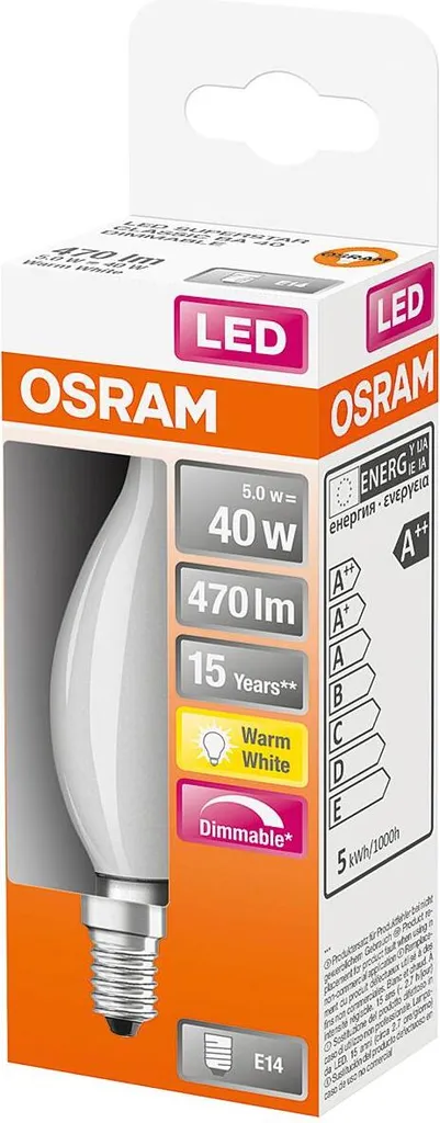 Osram LED Filament Leuchtmittel Windstoß Kerze 4,5W = 40W E14 Matt Warmweiß 2700K DIMMBAR