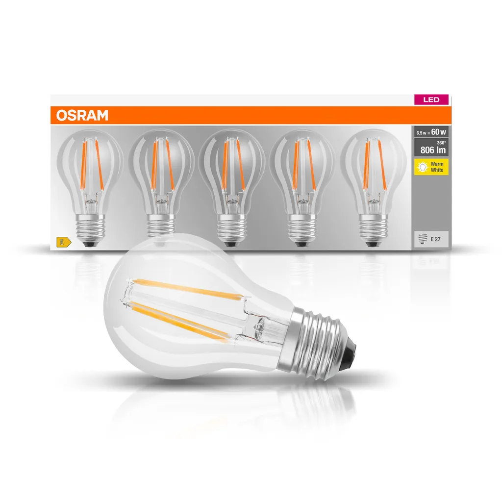 Osram LED-Lampe BASE CLASSIC A, E27, EEK: E, 7 W, 806 Lm, 2700 K, 5 Stk. – Bild 6