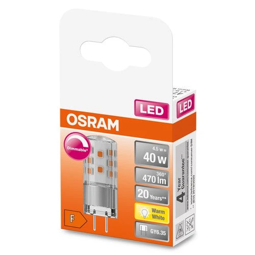 OSRAM LED Lampe PIN Dimmbar Klar 12V (ex 40W) 4,5W / 2700K Warmweiß GY6.35