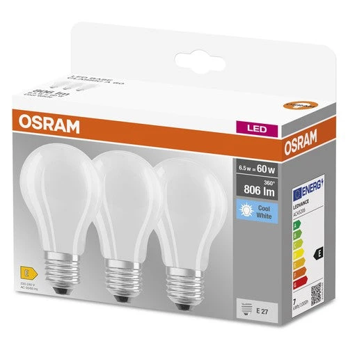 OSRAM LED Base Classic A Lampe Matt (ex 60W) 6,5W / 4000K Kaltweiß E27, 3er Pack – Bild 3