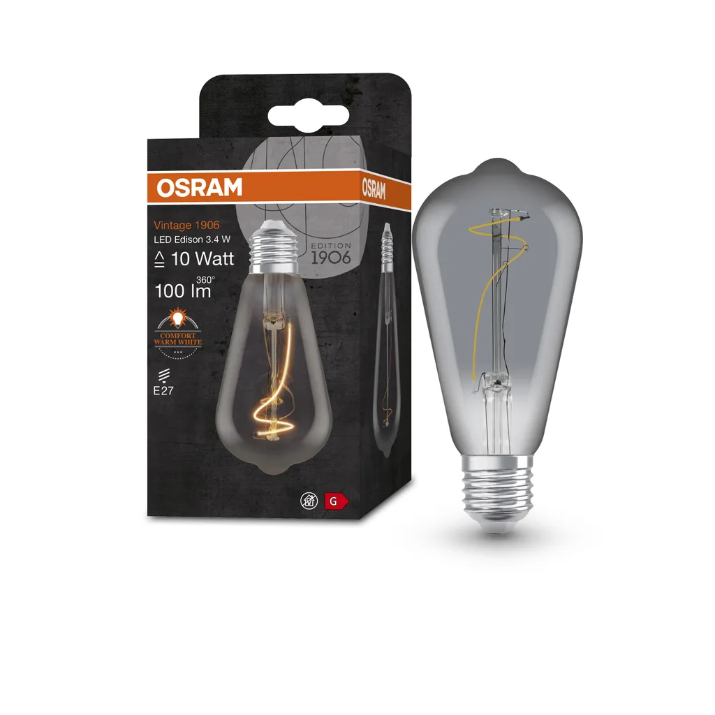 OSRAM Vintage 1906 LED-Lampe Mit Smoke-Tönung, 3,4W, 100lm, Edison-Form Mit 64mm Durchmesser & E27-Sockel, Warmweiße Lichtfarbe, Nicht Dimmbares Filament, Bis Zu 15.000 Stunden Lebensdauer