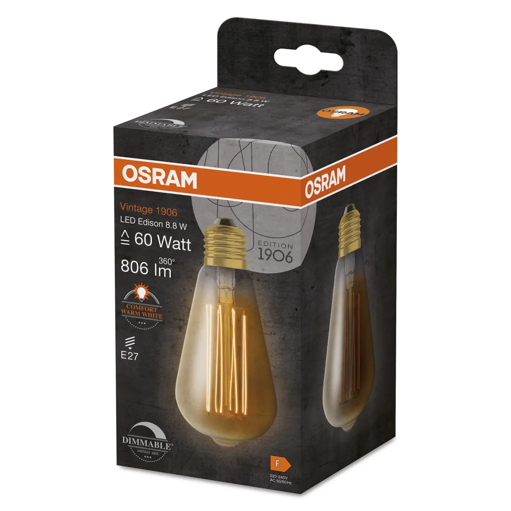 OSRAM Vintage 1906 LED-Lampe Mit Gold-Tönung, 8,8W, 806lm, Edison-Form Mit 64mm Durchmesser & E27-Sockel, Warmweiße Lichtfarbe, Gerades Filament, Dimmbar, Bis Zu 15.000 Stunden Lebensdauer