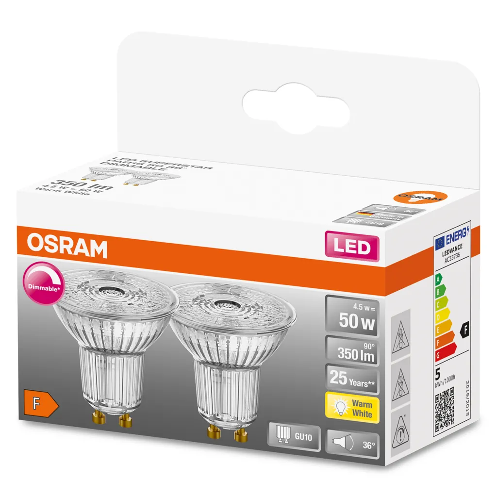 OSRAM Dimmbare PAR16 LED Reflektorlampe Mit GU10 Sockel, Warmweiss (2700K), 36 Grad, Hoher Farbwiedergabeindex Mit CRI90, Ersatz Für Herkömmliche 50W-Glühbirnen, Doppel-Pack – Bild 2