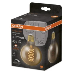 OSRAM Vintage 1906 LED-Lampe Mit Gold-Tönung, 4,8W, 420lm, Kugel-Form Mit 95mm Durchmesser & E27-Sockel, Warmweiße Lichtfarbe, Spiralförmiges Filament, Dimmbar, Bis Zu 15.000 Stunden Lebensdauer